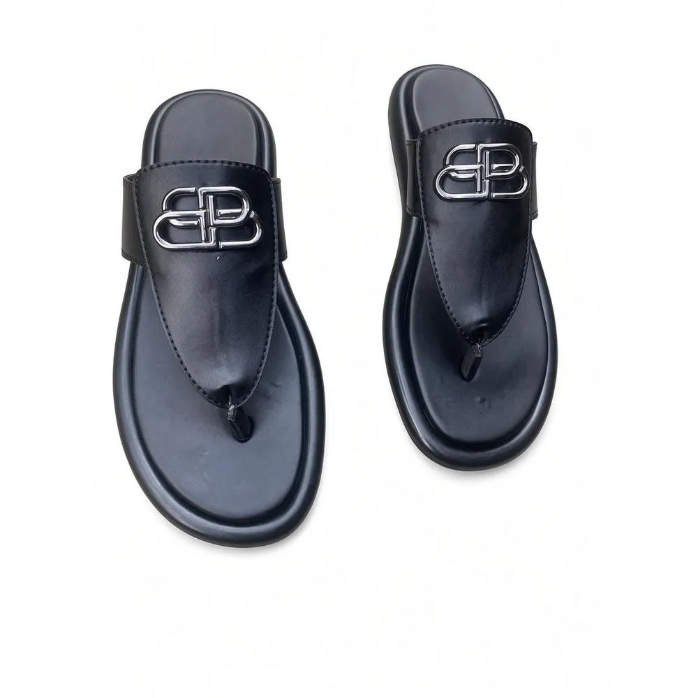 Men's Genuine Leather Toe-Post Slippers (black)